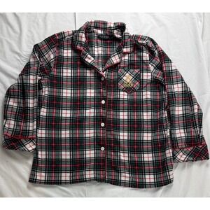 Lauren Ralph Lauren Womens XL Fleece Pajama Top Red Green Plaid Crest Button Up